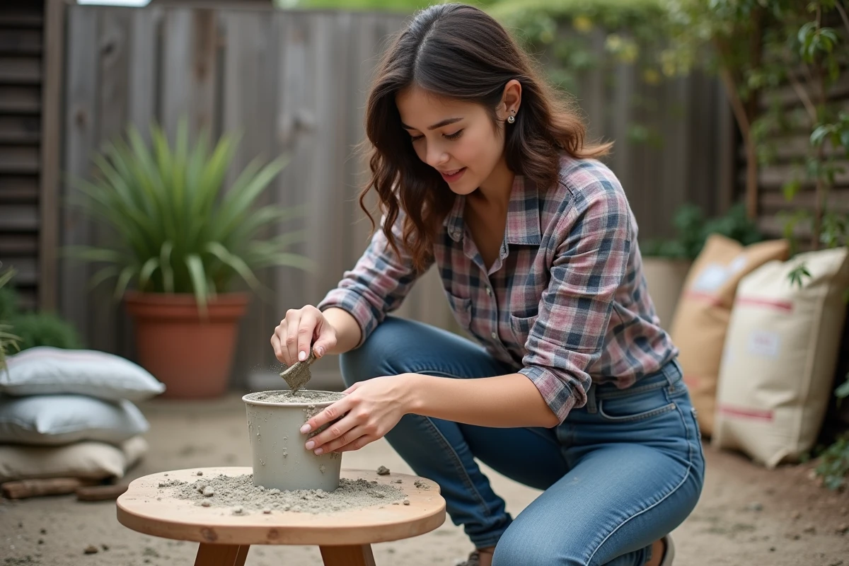 Jeune femme mesurant du sable avec une truelle en extérieur