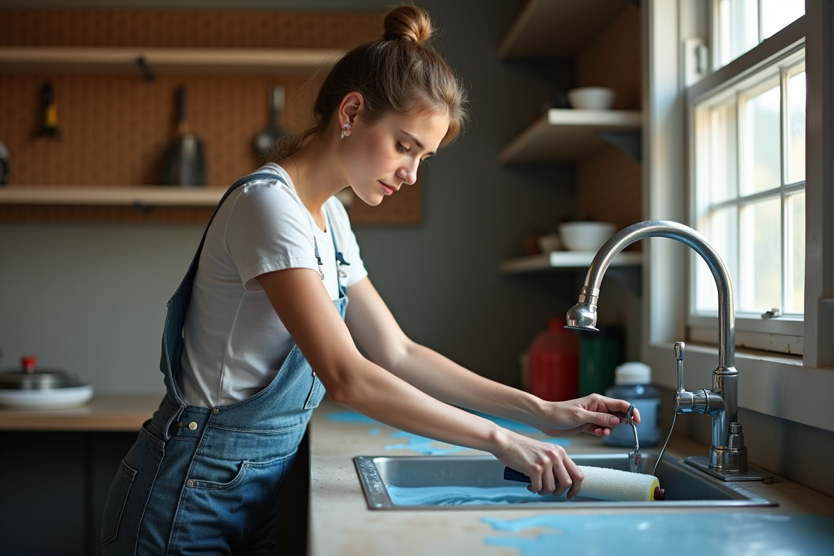 Jeune femme en overalls nettoyant son rouleau de peinture