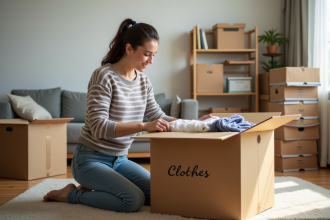 Jeune femme plie des vêtements dans un salon lumineux