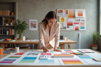 Jeune femme en tailleur pastel dans un studio d'architecte