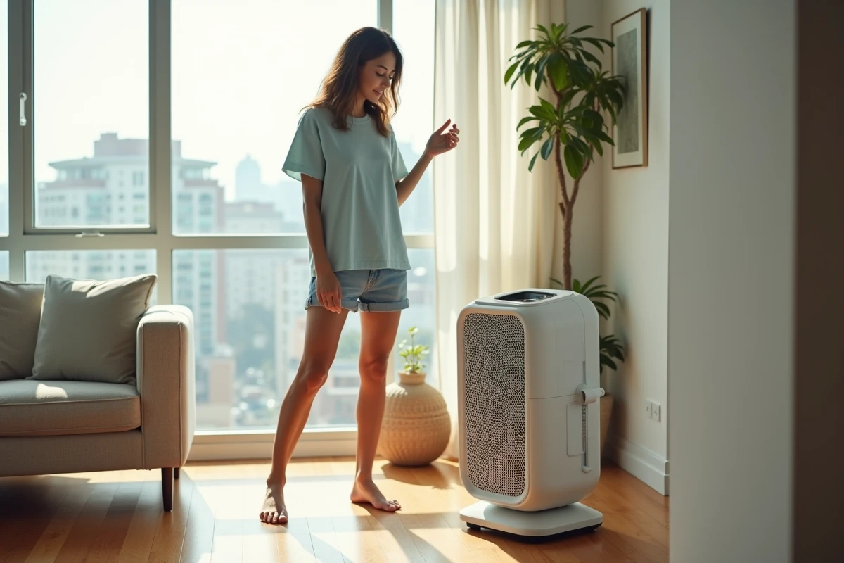 Jeune femme ajustant un chauffage d