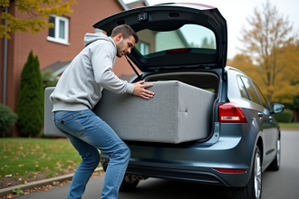 Jeune homme charge un grand sofa dans une voiture