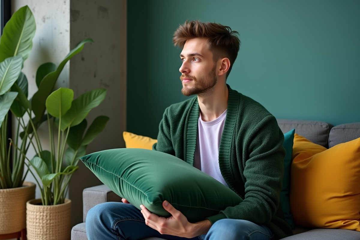 Jeune homme examine un coussin en velours vert dans un salon moderne