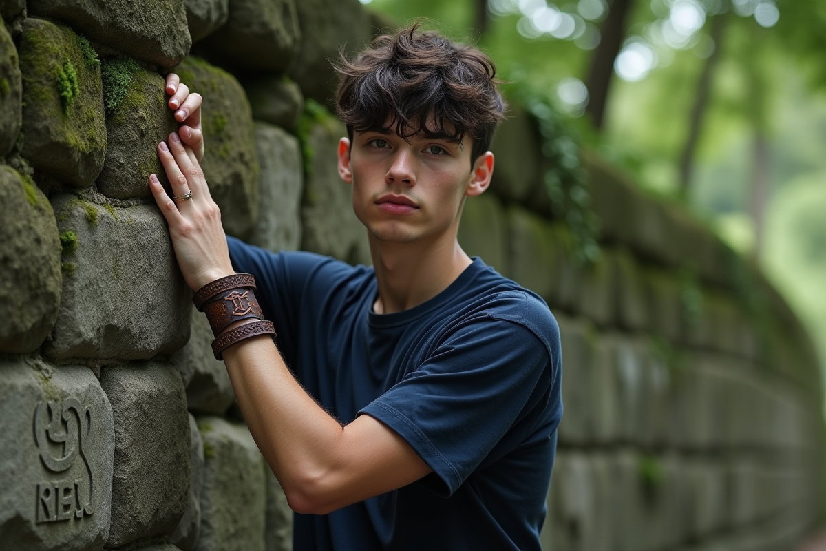 Jeune homme avec bracelet rune devant un vieux mur de pierre