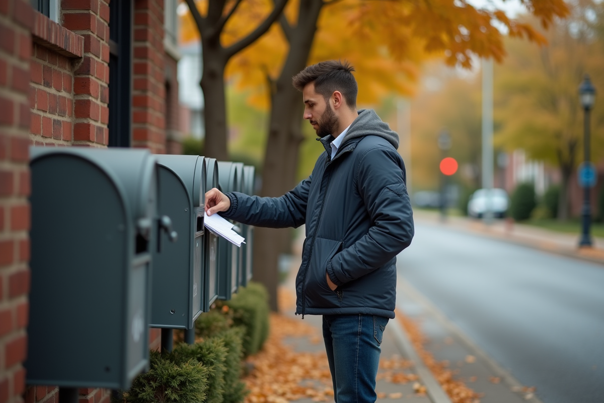 Jeune homme déposant du courrier dans une boîte aux lettres