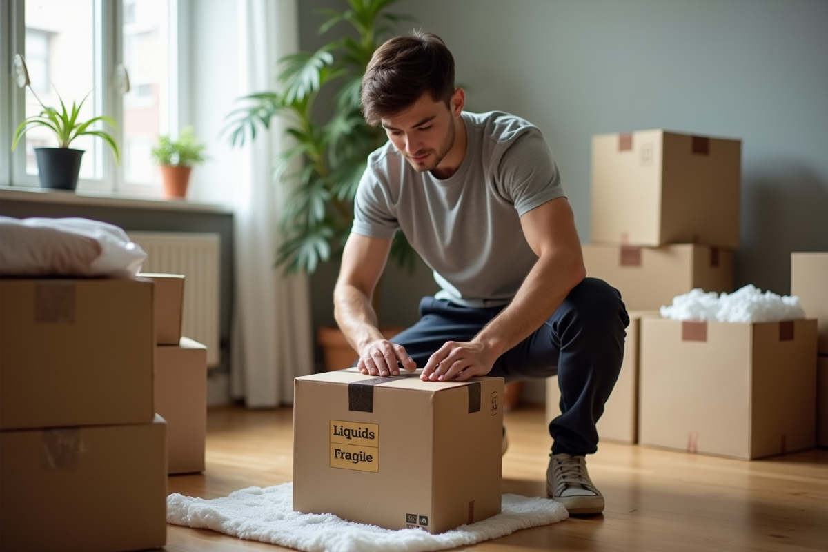 Jeune homme scellant une boîte fragile dans le salon