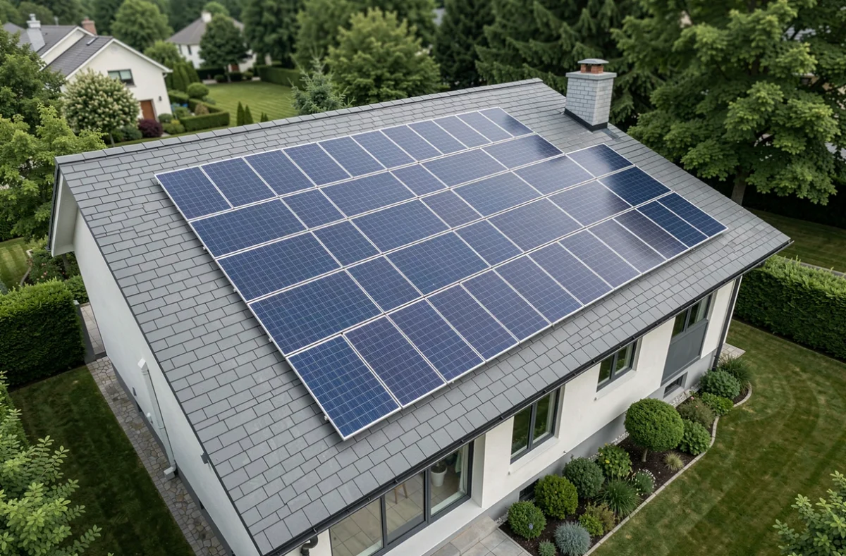 Vue aérienne d'un kit photovoltaïque 9 kW entièrement installé sur le toit d'une maison individuelle moderne