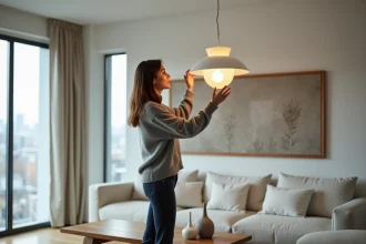 Femme ajustant une lampe moderne dans un salon scandinave