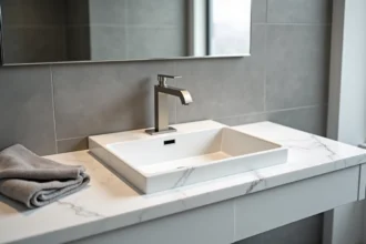 Lavabo rectangulaire encastré de 60 cm avec robinet mitigeur en nickel brossé sur plan vasque en marbre Carrara