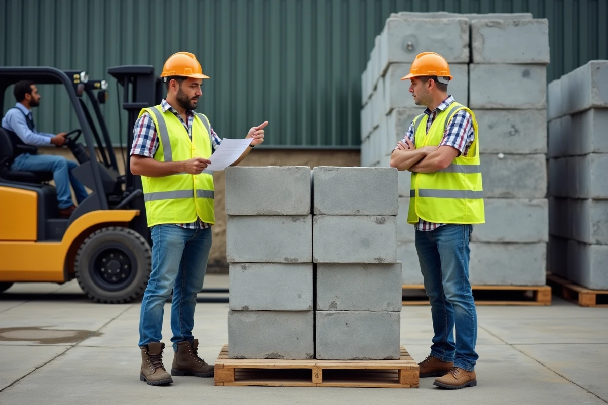 Deux ouvriers vérifiant un bon de livraison de hourdis devant un dépôt de matériaux de construction