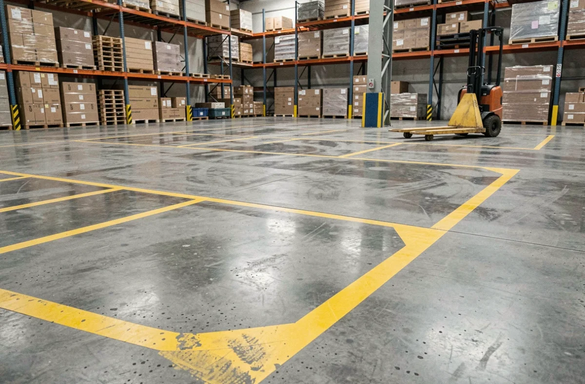 Sol béton brut avec marquage de sécurité jaune dans un entrepôt logistique professionnel actif