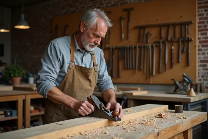 Menuisier expérimenté utilisant un rabot à main sur un établi en chêne dans un atelier artisanal traditionnel
