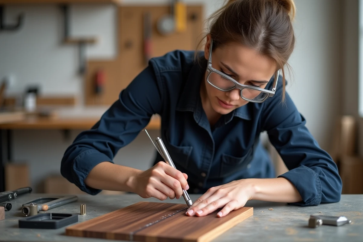 Menuisière mesurant avec précision une planche en noyer à l'aide d'un trusquin dans un atelier moderne