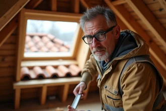 Charpentier mesurant l'ouverture d'une fenêtre de toit VELUX dans un grenier avec des outils de mesure professionnels