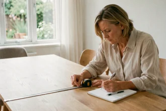 Femme mesurant une table à manger en bois pour 6 personnes avec un mètre ruban dans une salle à manger scandinave