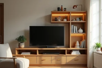 Meuble TV d'angle en bois massif chêne dans un salon cosy avec plantes et livres décoratifs
