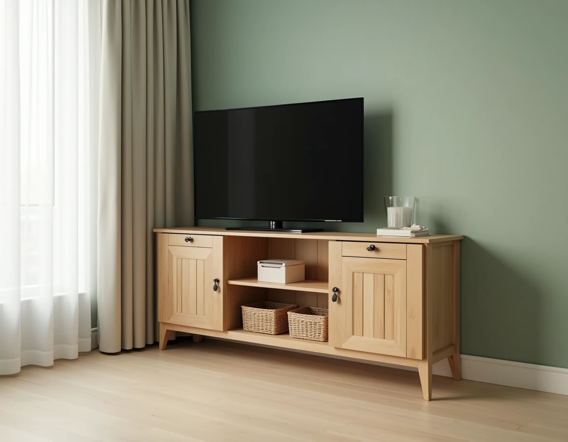 Meuble TV angle en pin massif style scandinave avec paniers en osier dans appartement minimaliste