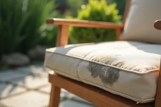 Gros plan sur des taches de moisissure sur un coussin extérieur en toile beige posé sur une chaise de jardin en teck
