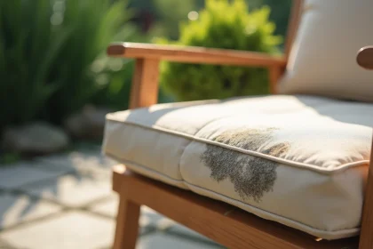 Gros plan sur des taches de moisissure sur un coussin extérieur en toile beige posé sur une chaise de jardin en teck