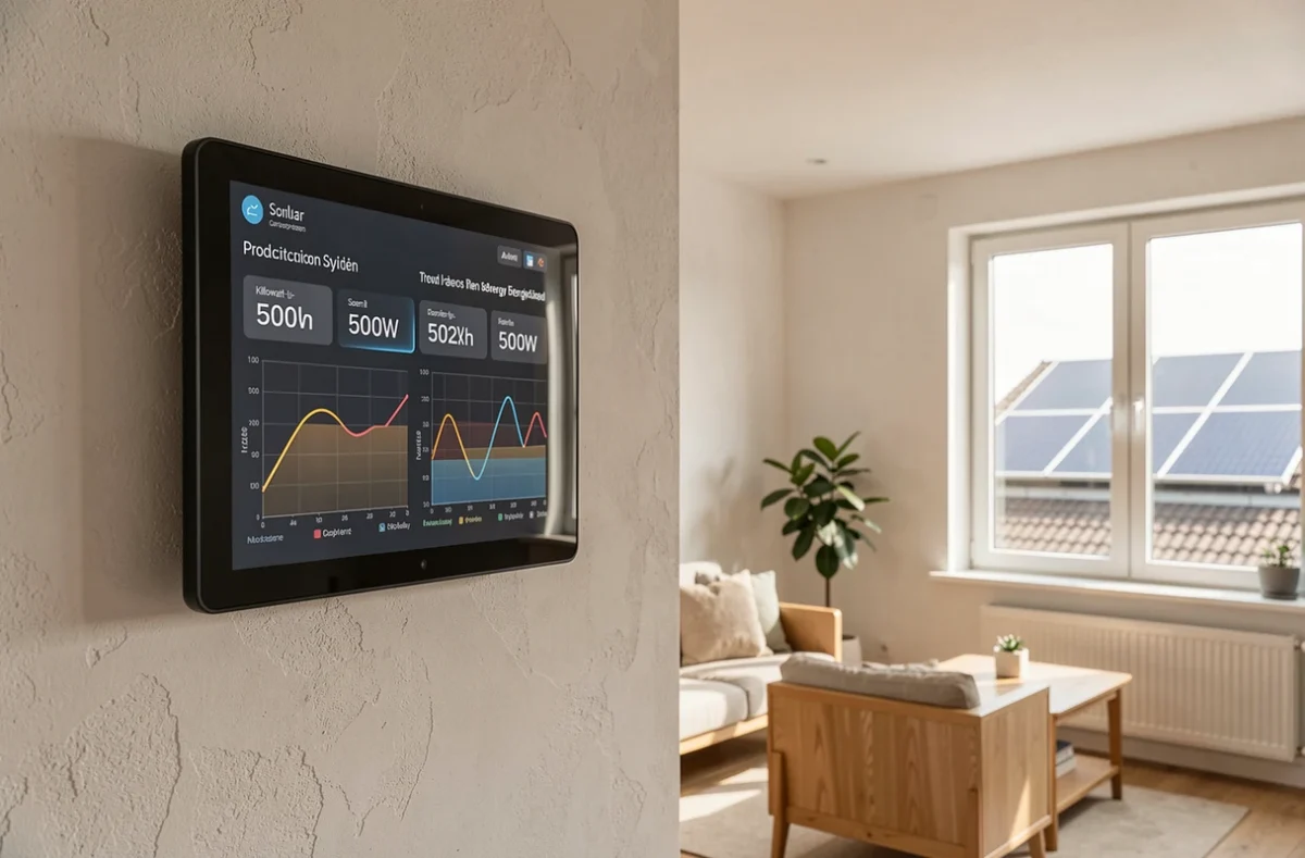 Moniteur d'énergie solaire affichant la production d'un panneau de 500Wc dans un salon moderne et minimaliste