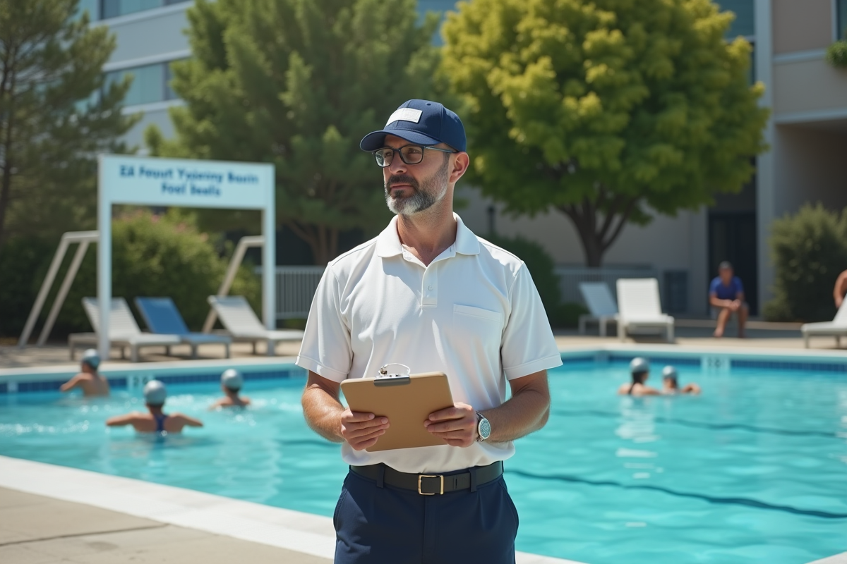 Moniteur sauveteur surveillant la piscine extérieure