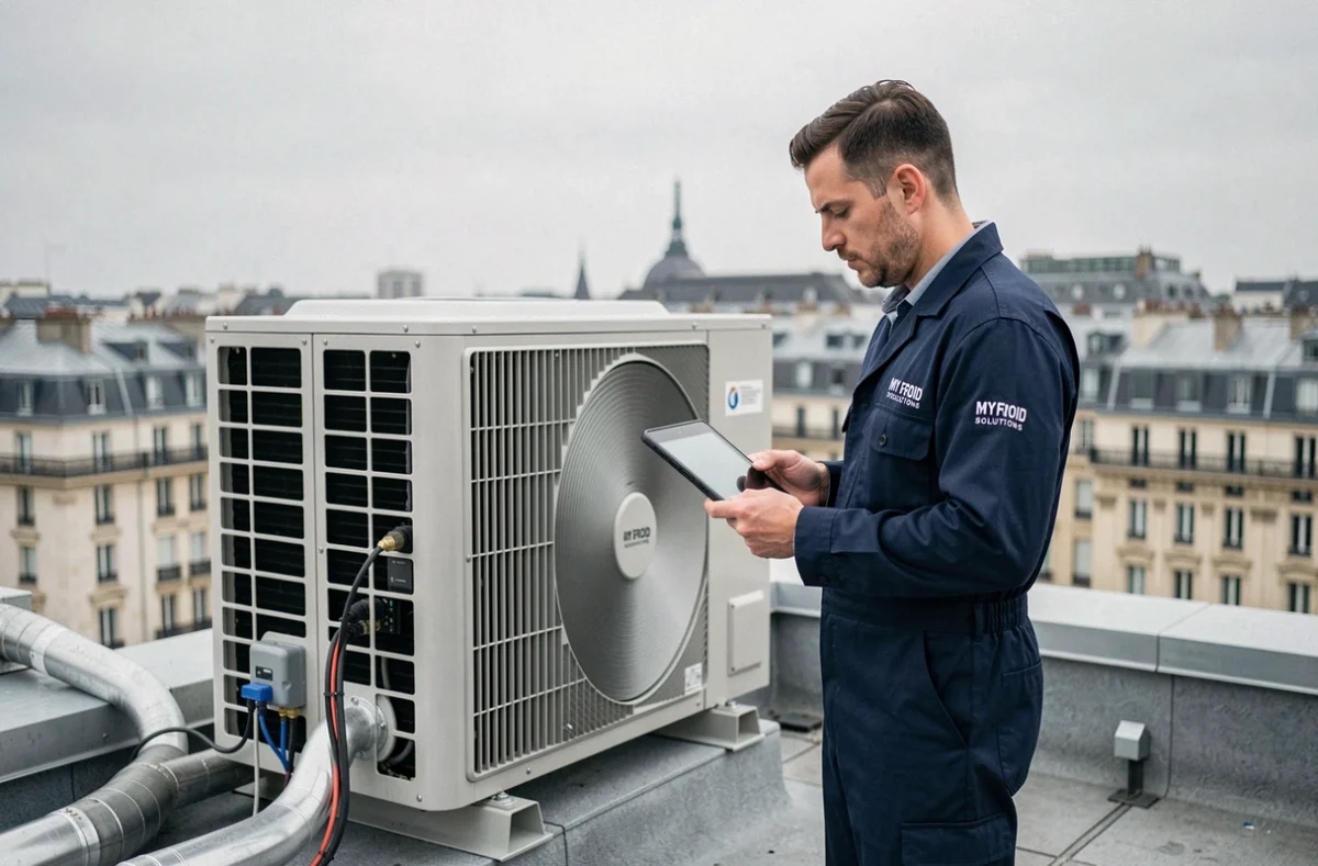 Technicien MY Froid Solutions effectuant la mise en service d'une pompe à chaleur sur un toit parisien