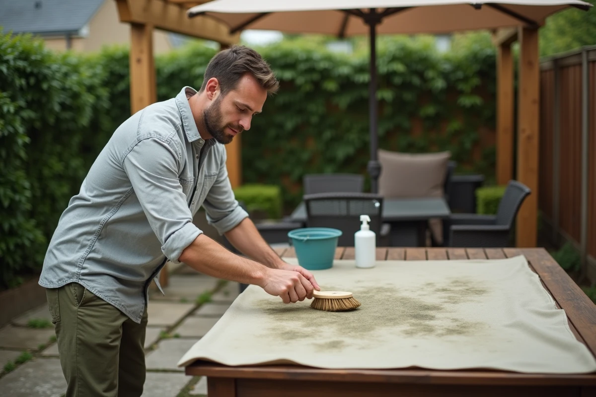 Personne nettoyant les moisissures d'un parasol de jardin avec une brosse et un produit assainissant dans un jardin en automne