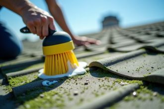 Personne nettoyant des tuiles en béton vertes avec une brosse douce en plein jour