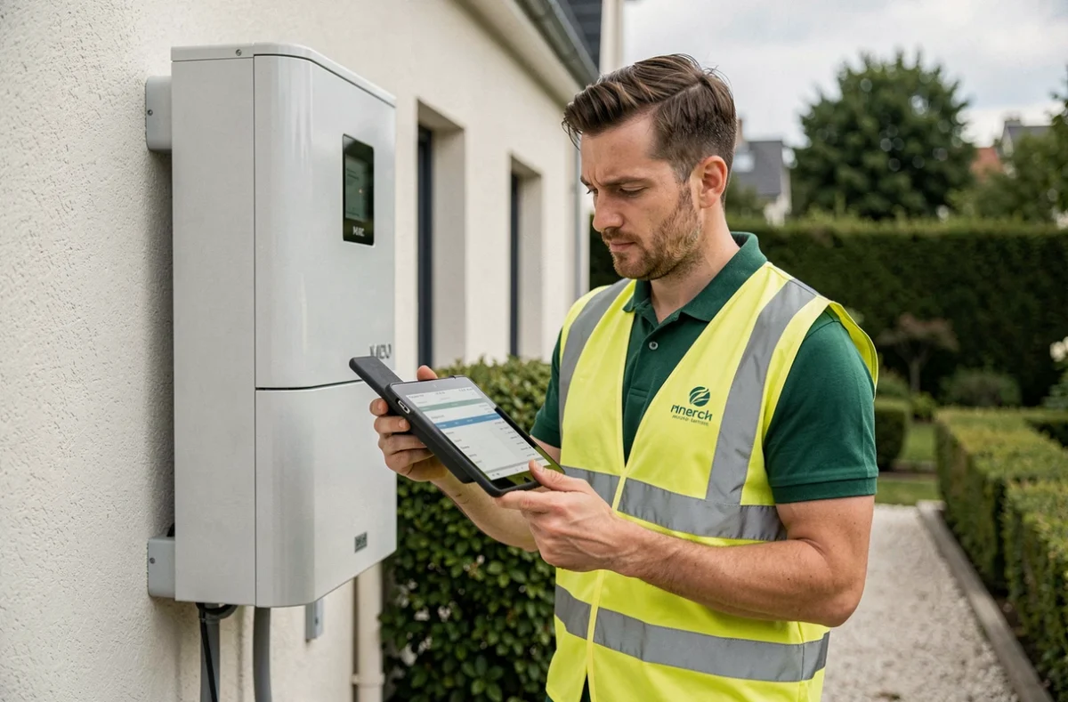 Consultant en énergie responsable vérifiant l'installation d'une pompe à chaleur sur une maison parisienne