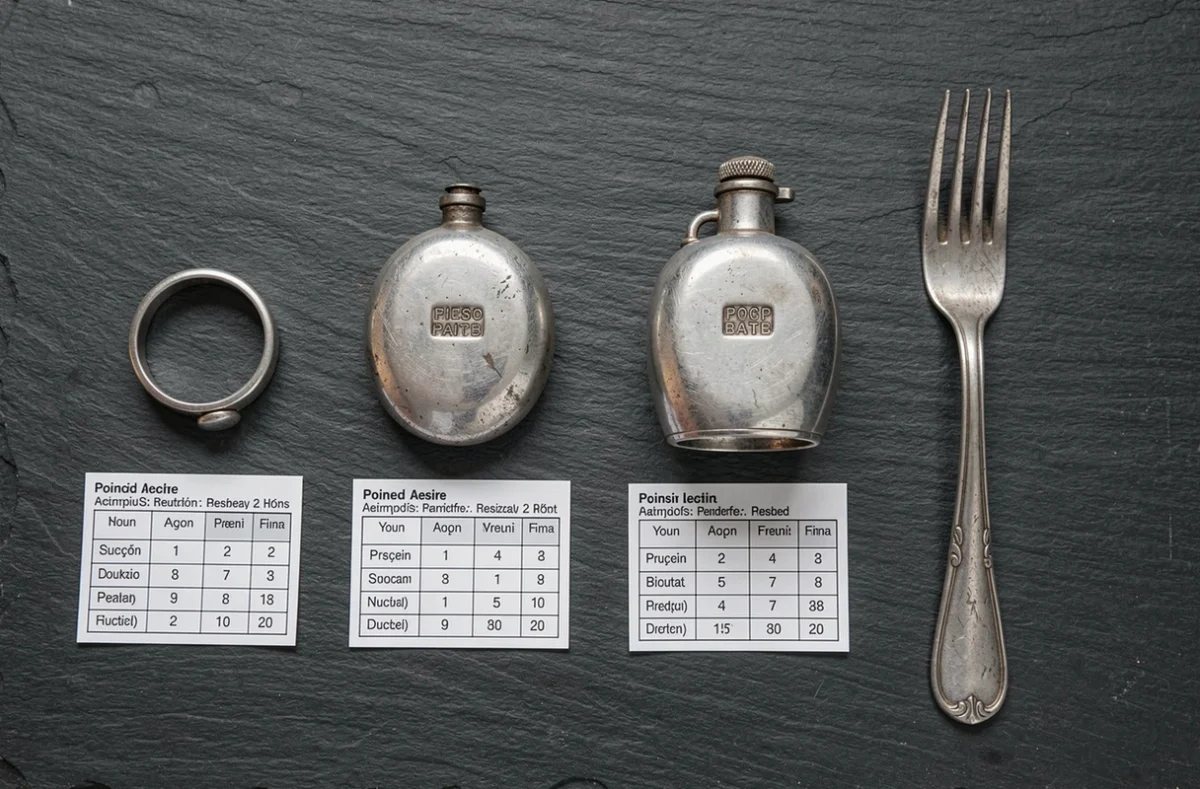 Vue à plat de quatre objets en argent de différentes époques avec leurs poinçons visibles et des fiches d'identification sur ardoise sombre