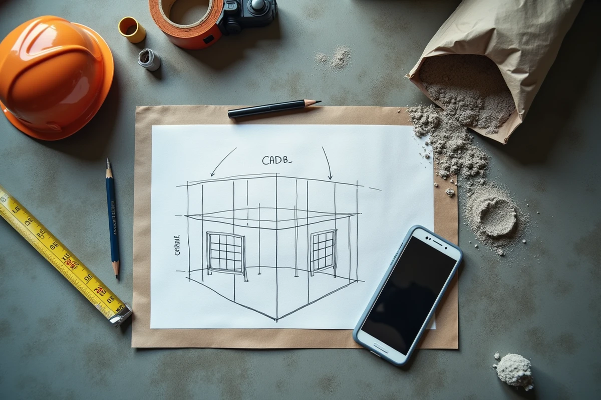 Vue de dessus d'outils de chantier pour calculer le béton en m3 : mètre ruban, croquis et application mobile