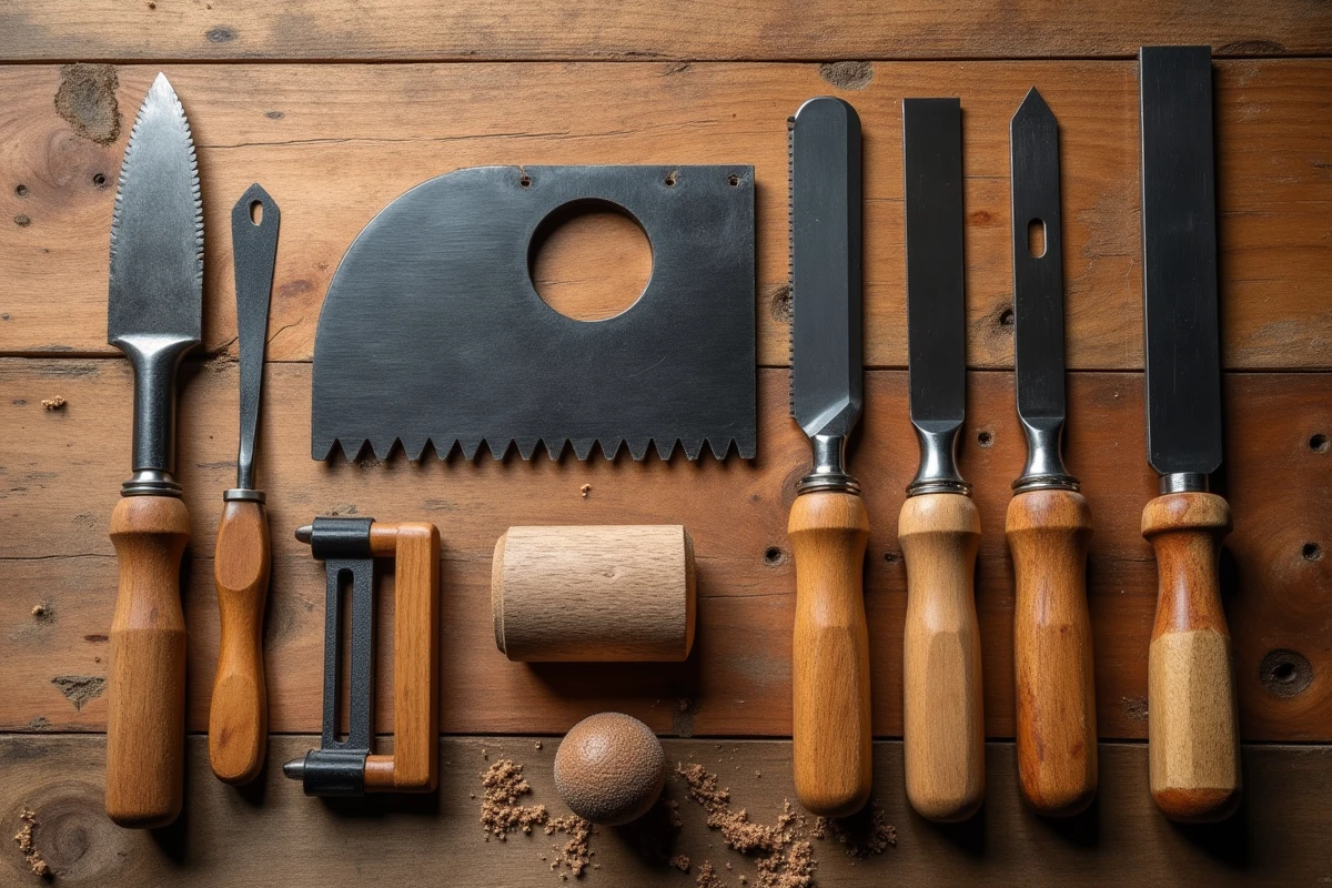 Disposition soignée d'outils à main de menuiserie traditionnels sur un établi en bois patiné, vue de dessus