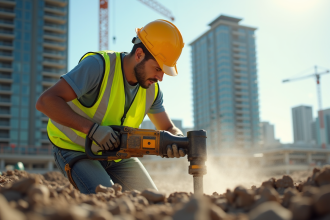 Ouvrier en casque jaune et gilet réfléchissant sur un chantier urbain