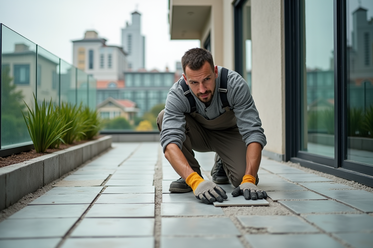 Ouvrier posant des carreaux sur balcon urbain