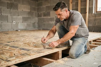 Ouvrier mesurant l'épaisseur d'une plaque OSB 18 mm sur un chantier de rénovation de plancher