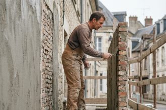 Homme professionnel réparant une façade en briques à Sézanne