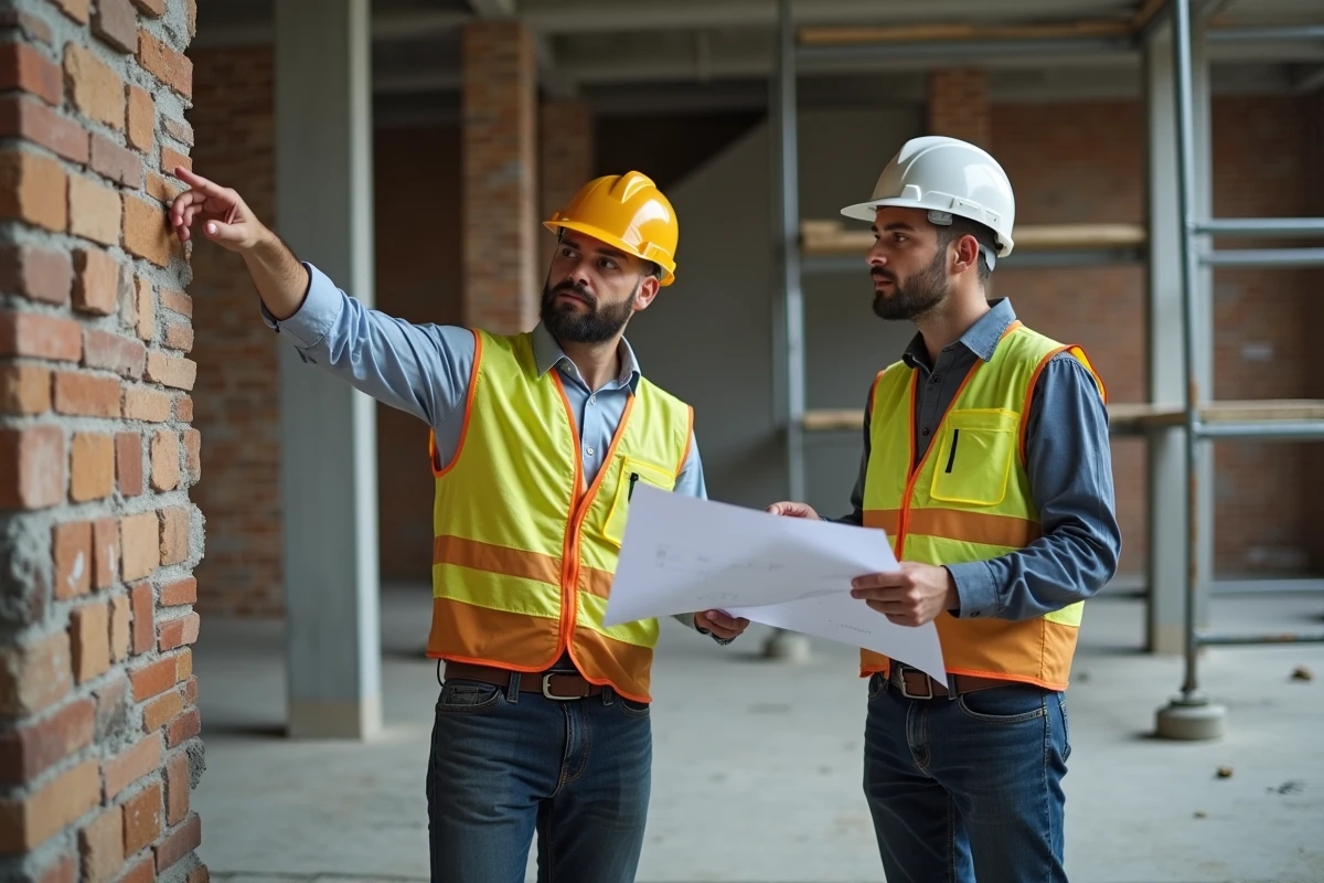 Deux ouvriers du bâtiment discutant de plans de rénovation devant un mur de briques sur un chantier de construction