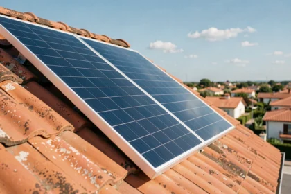 Panneau solaire monocristallin de 500Wc installé sur un toit résidentiel en tuiles avec ciel bleu en arrière-plan