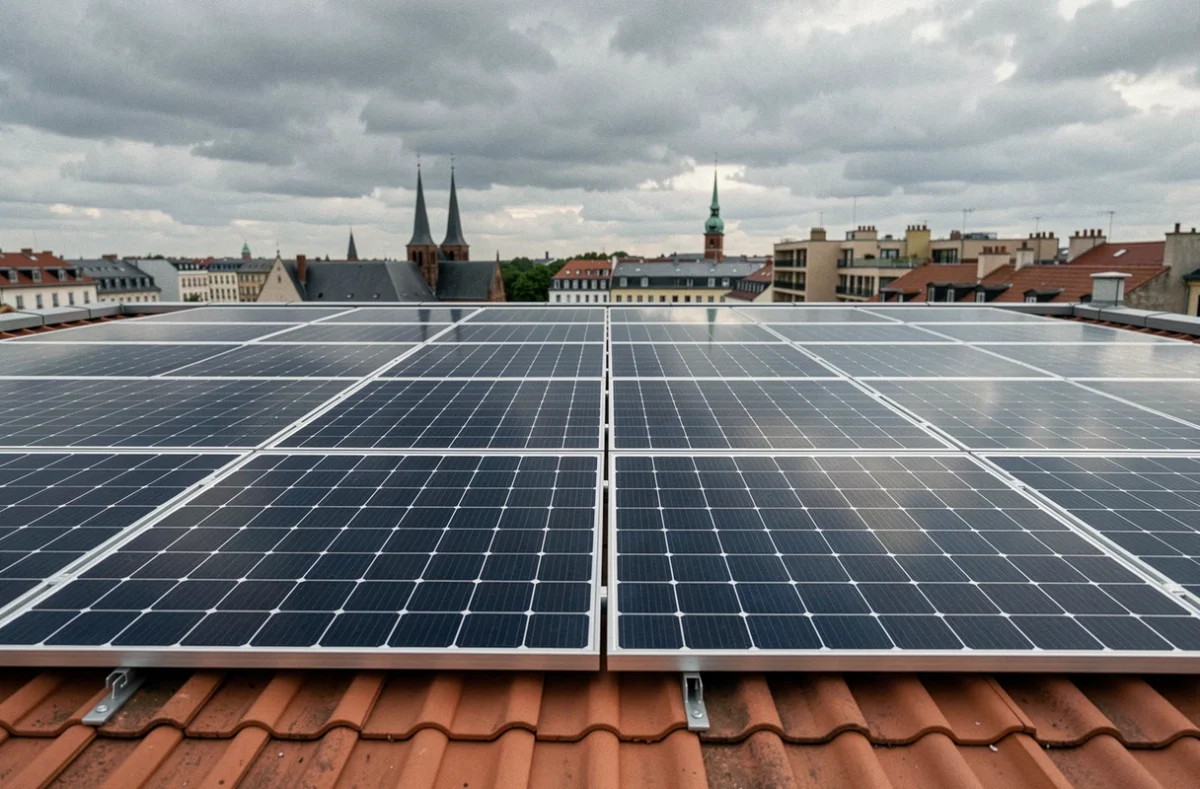 Panneaux solaires monocristallins installés sur un toit en tuiles dans un environnement urbain européen, montrant l'évolution moderne du photovoltaïque