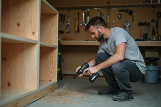 Homme utilisant une perceuse sans fil Parkside pour monter une étagère en bois dans un atelier de bricolage à domicile