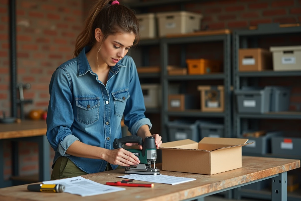 Femme débutante en bricolage inspectant une scie sauteuse Parkside avec sa notice dans un atelier sous-sol