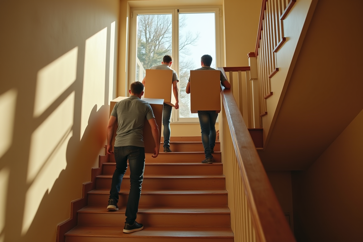 Personnes portant des meubles dans un escalier ensoleille