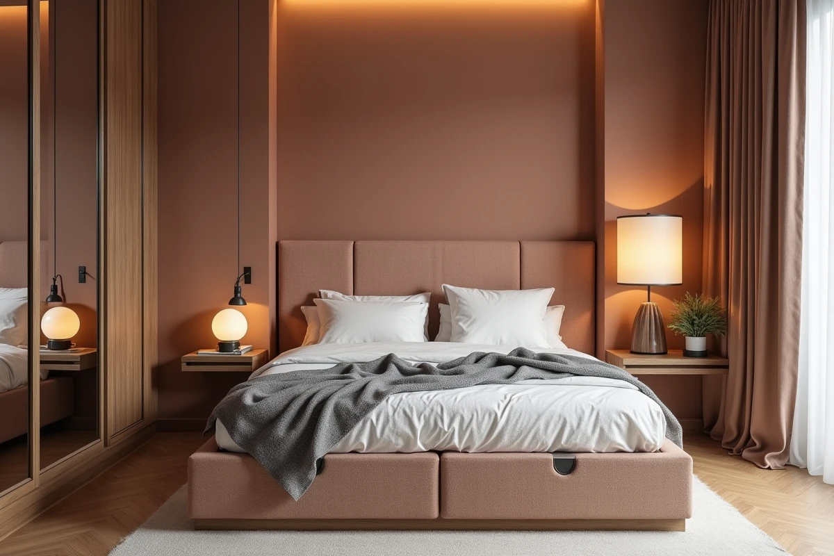 Petite chambre urbaine de 10 mètres carrés optimisée avec lit plateforme à tiroirs, miroir encastré et peinture limewash terracotta