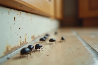Petites bêtes noires envahissant la plinthe d'une cuisine, vue macro au ras du sol révélant une infestation domestique