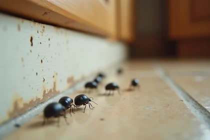 Petites bêtes noires envahissant la plinthe d'une cuisine, vue macro au ras du sol révélant une infestation domestique