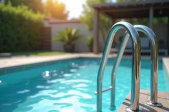 Piscine moderne avec mains courantes en acier inoxydable