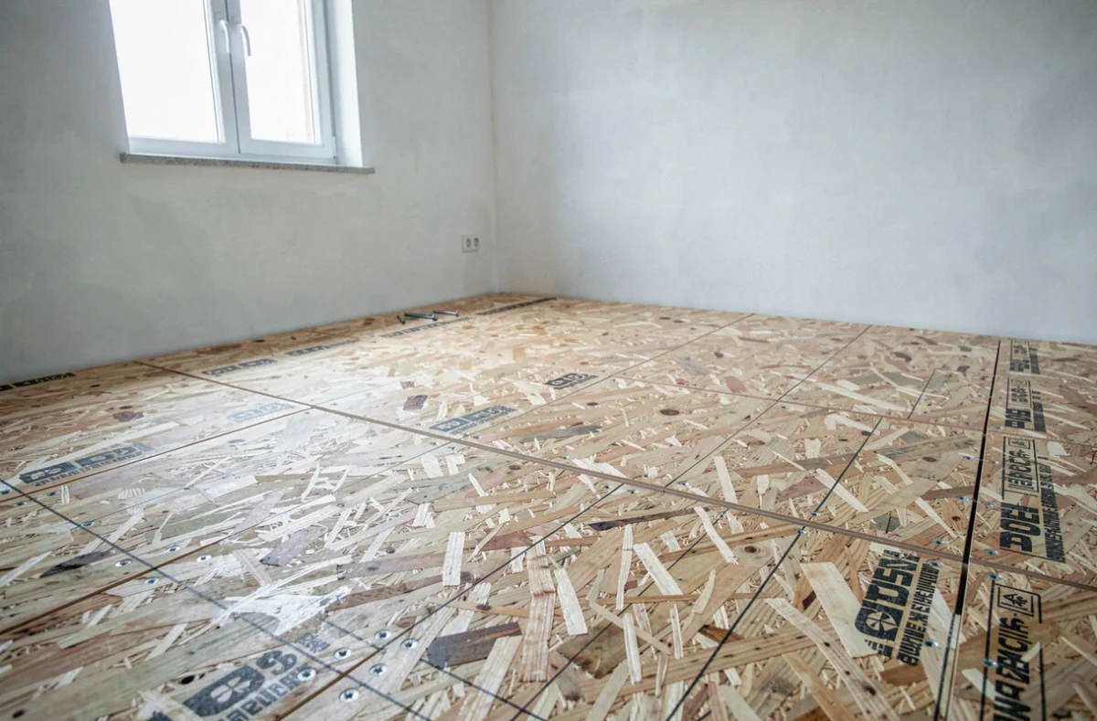 Plancher en plaques OSB 22 mm entièrement posé dans un appartement en cours de rénovation