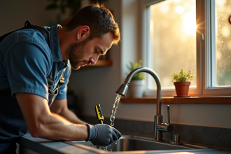 Plombier professionnel changeant des tuyaux en cuivre sous l'évier