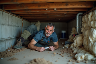 Plombier d'âge moyen inspectant un tuyau dans un sous-sol