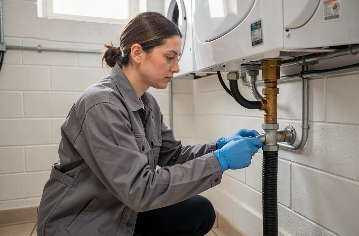 Plombière connectant des tuyaux flexibles isolés à une pompe à chaleur intérieure dans une buanderie